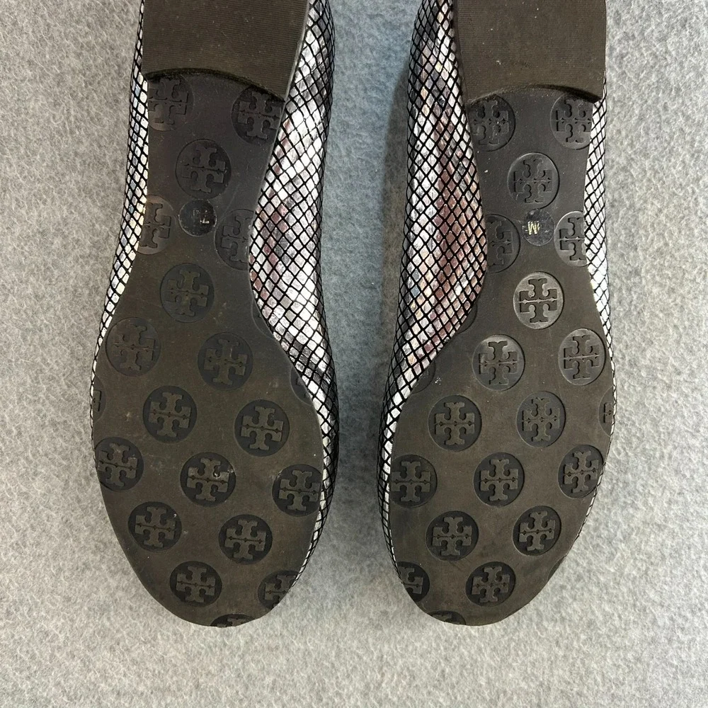 Tory Burch Platinum Silver Embossed Reva Leather Flats Slip On Shoes Size 7.5 M